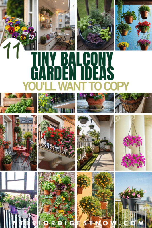 Collage of 11 stunning small balcony garden ideas featuring vertical planters, colorful flowers, cozy seating areas, and space-saving herb gardens on apartment balconies. 