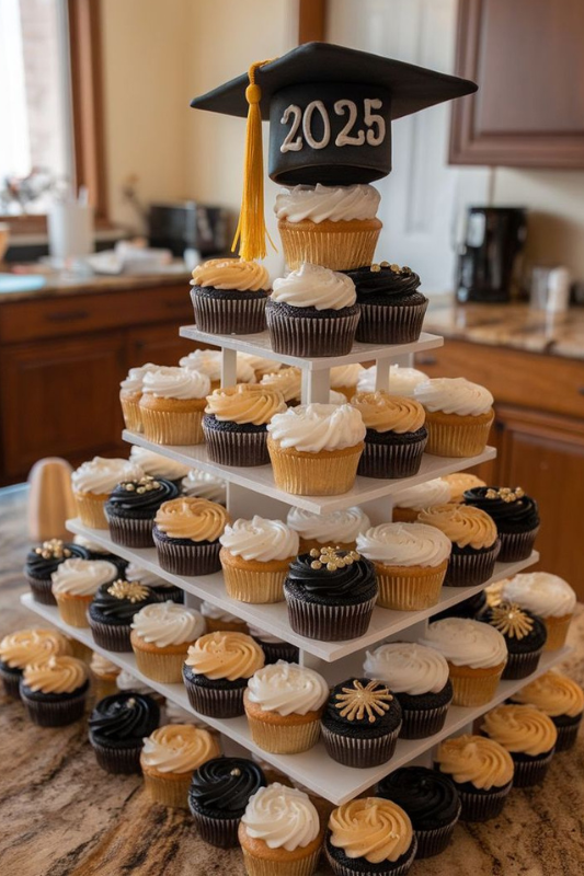 Graduation cupcake tower for 2025 decorated with white, gold, and black frosted cupcakes topped with a graduation cap featuring the year 2025. Perfect centerpiece for a graduation dessert table. 