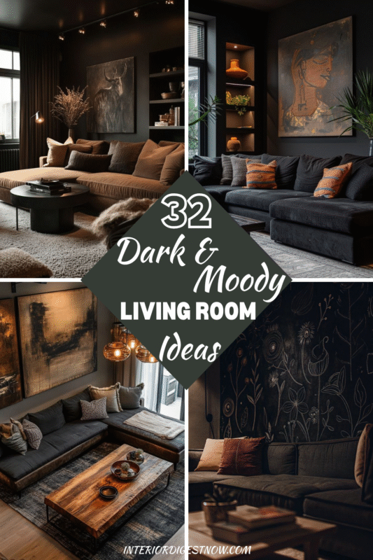 Collage of dark and moody living room designs featuring black walls, rich textiles, modern sectionals, moody lighting, and wood and metal accents, styled to create cozy and sophisticated interior spaces. 