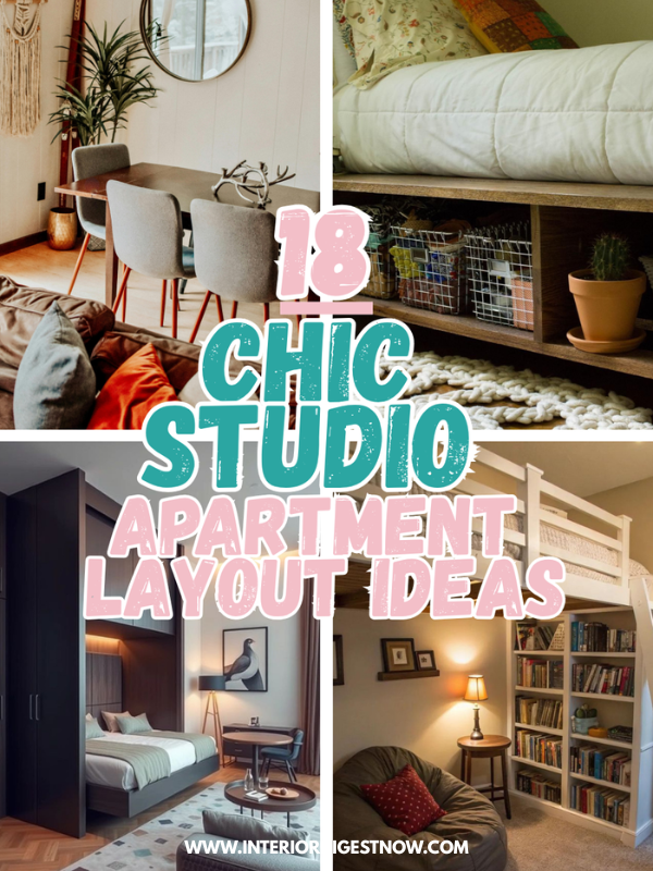 Collage Pinterest pin showing chic studio apartment layout ideas for maximizing small spaces in 2025 with cozy seating, underbed storage, loft beds, and modern convertible furniture.









