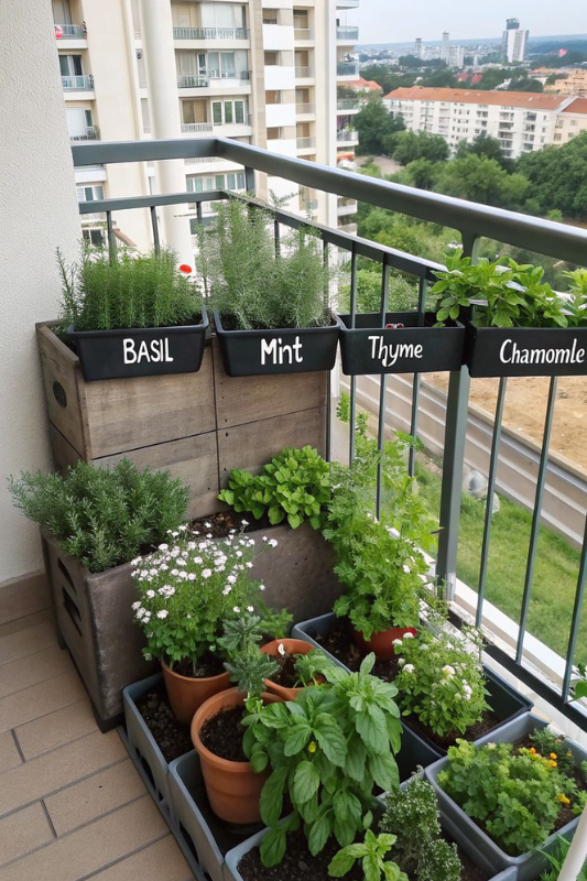 Urban balcony garden with labeled herb planters for basil, mint, thyme, and chamomile, featuring a variety of potted herbs arranged in wooden crates and plastic containers for a DIY vertical setup. 