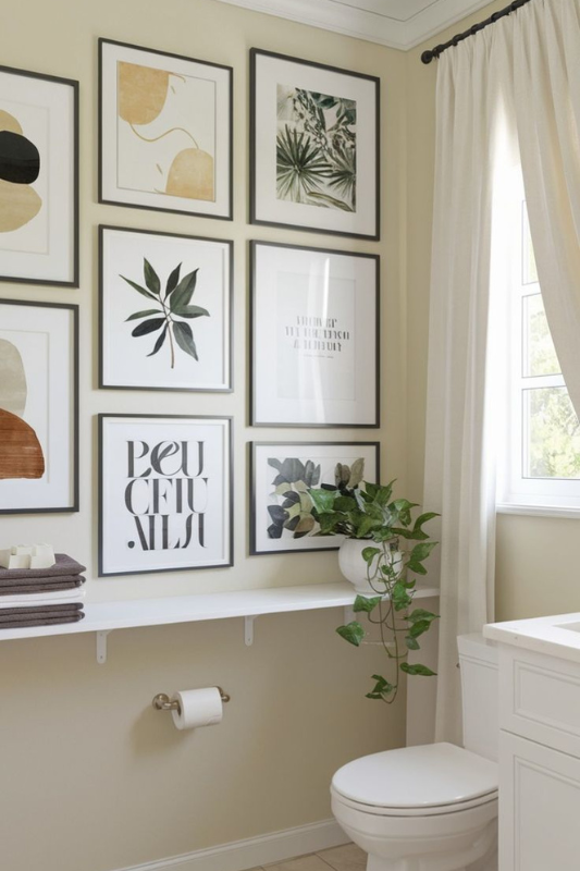 Bathroom featuring a creative gallery wall of modern botanical and abstract artwork in black frames, complemented by neutral walls, white floating shelf with towels, and a trailing plant in a ceramic pot near the window. 