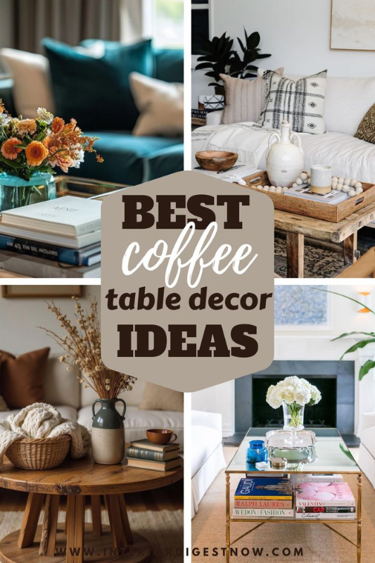 collage of four stylish coffee table decor setups featuring floral arrangements, stacked books, woven trays, candles, and cozy living room accents with a central text overlay reading “Best Coffee Table Decor Ideas”

