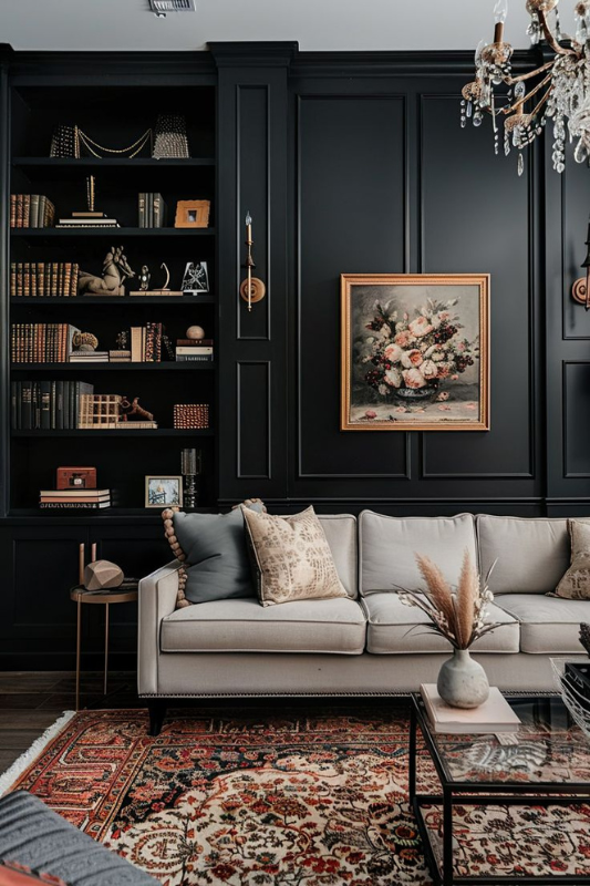 Elegant living room with black paneled accent wall, vintage bookshelves, light upholstered sofa with neutral pillows, ornate Persian-style rug, floral artwork, and crystal chandelier 