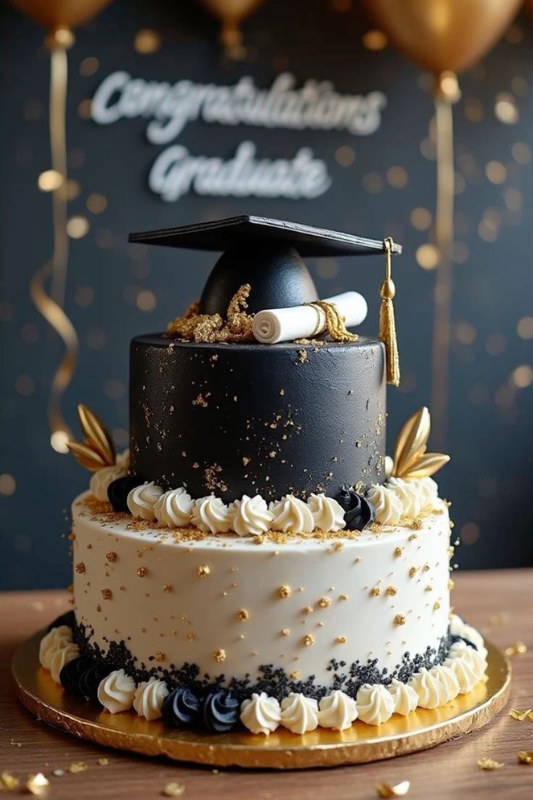 Elegant black and gold two-tier graduation cake decorated with a fondant graduation cap, diploma scroll, gold leaves, and piped white frosting — perfect for a sophisticated graduation party centerpiece.