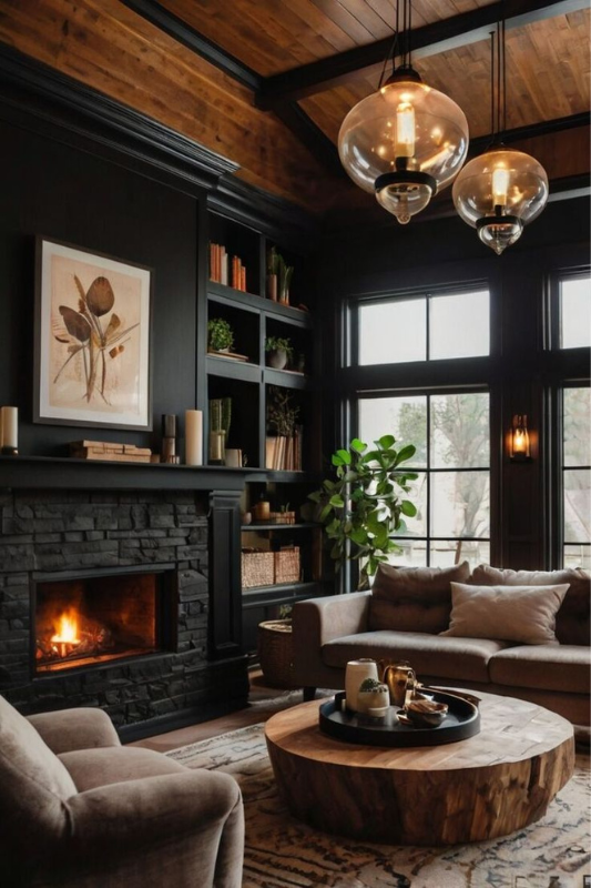 Rustic black living room with a stone fireplace, dark built-in shelves, warm wood ceiling, large globe pendant lights, round wood coffee table, neutral seating, and natural light from large windows 
