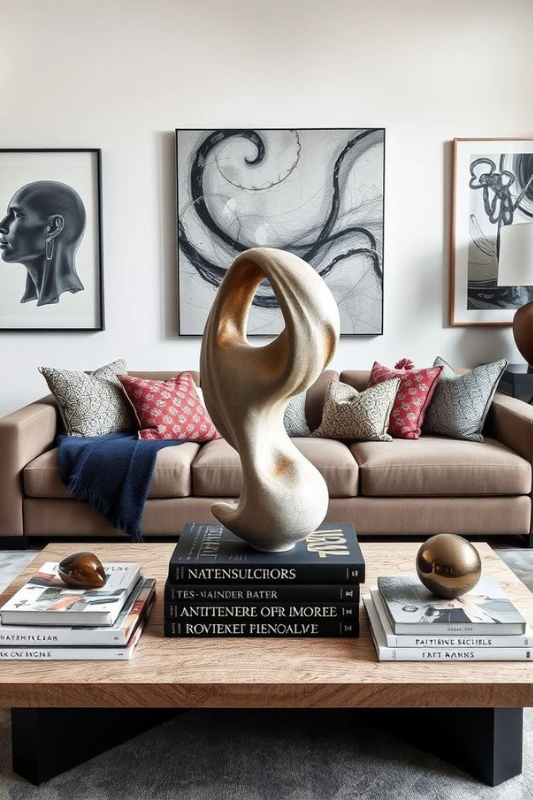 bold coffee table styling with an abstract gold sculpture, stacked designer books, and eclectic throw pillows in a modern artistic living room

