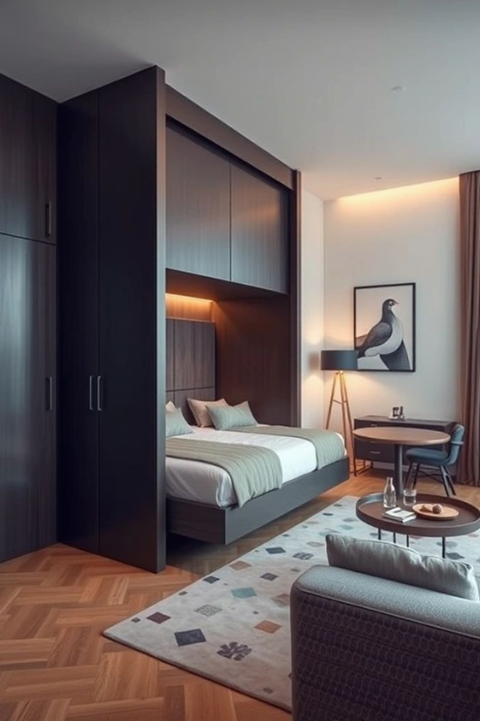 Modern studio apartment with a built-in bed framed by dark wood cabinetry and warm ambient lighting, maximizing vertical space and sleek design in 2025








