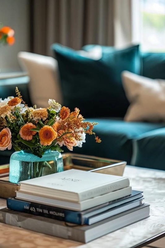 stack of coffee table books with a teal vase of flowers styled in front of a deep teal sofa with neutral pillows