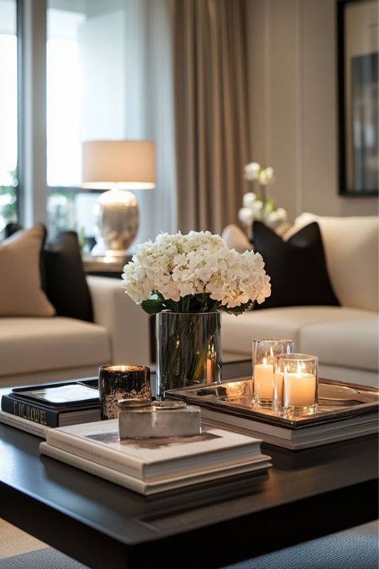 chic living room coffee table decor with white hydrangeas in a glass vase, stacked books, and glowing candles on a silver tray