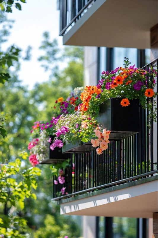 Urban balcony with black railing planters overflowing with vibrant flowers including petunias, marigolds, and trailing blooms in shades of pink, orange, and purple. 