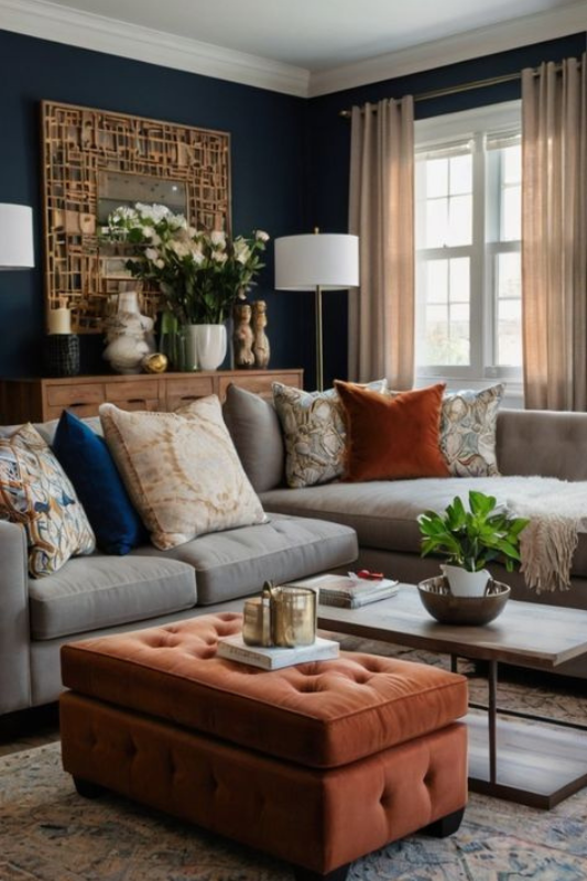 Eclectic living room featuring a light gray sectional sofa, burnt orange tufted ottoman, navy blue accent wall, neutral curtains, layered throw pillows, and a floral arrangement on a wood console 