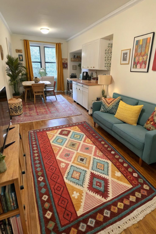 Studio apartment with a colorful rug, teal couch, and open living-dining combo that maximizes style and function in a narrow layout







