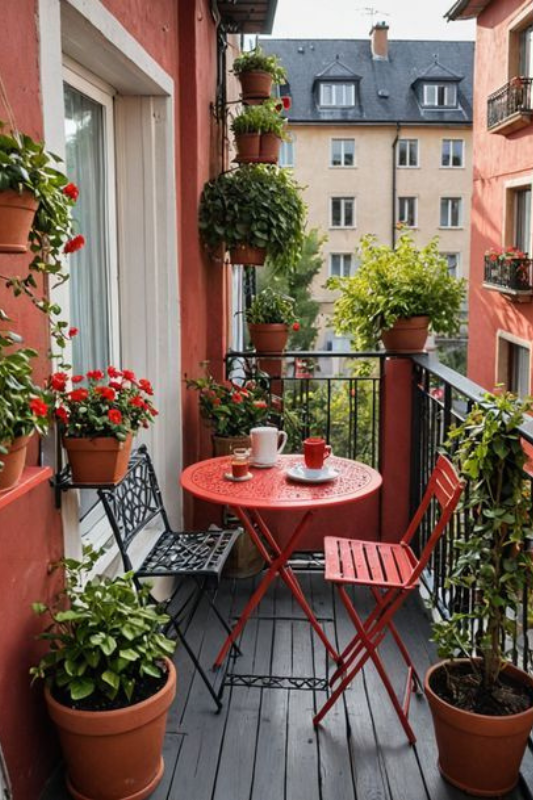 Charming narrow balcony with red walls, terracotta pots filled with lush green plants and blooming flowers, and a bright red café table with black and red chairs creating a cozy outdoor seating area. 