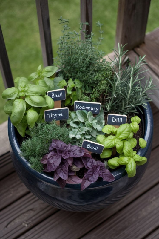Round container herb garden with labeled sections for basil, thyme, rosemary, dill, and purple basil, placed on a wooden balcony with a green lawn in the background. 