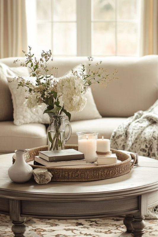 cozy round coffee table with a woven tray holding white hydrangeas in a glass pitcher, stacked books, candles, and ceramic accents in a soft neutral living room

