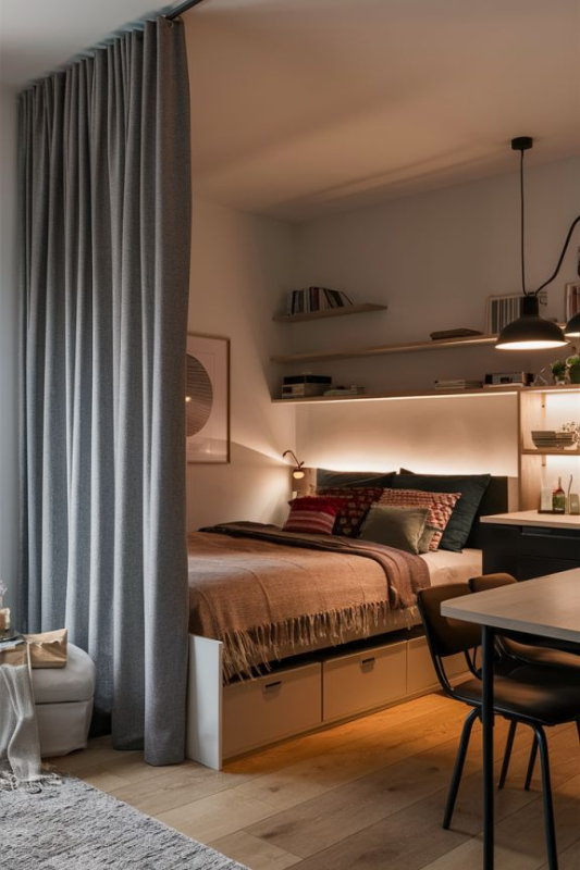 Cozy studio apartment layout with a bed nook separated by a ceiling-mounted curtain and built-in underbed storage for smart space division in small spaces.