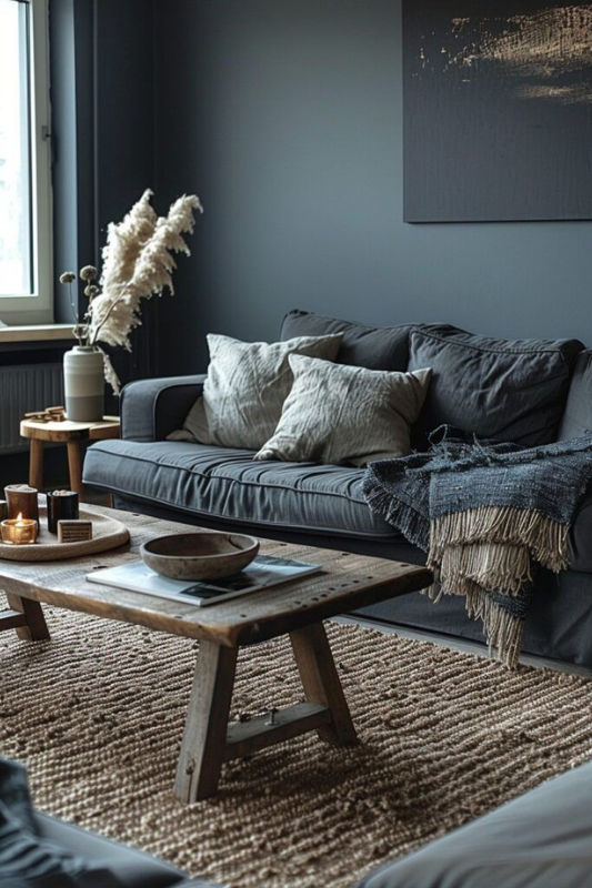 Warm and minimal living room with a charcoal gray sofa, fringed throw blanket, rustic wood coffee table, neutral jute rug, dried pampas grass in a ceramic vase, and soft ambient lighting 