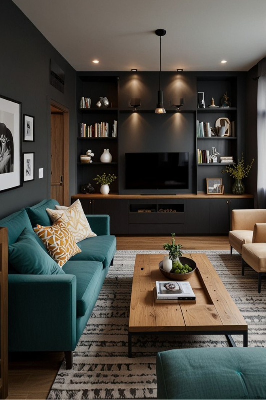 Modern dark living room with teal sofa, wood coffee table, built-in black shelving, and layered accent lighting in a cozy apartment-style setting 
