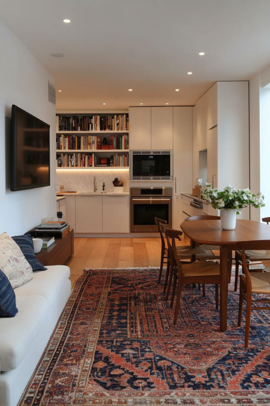 Studio apartment layout idea featuring a cozy living space with a wall-mounted TV, integrated bookshelf, minimalist kitchen, and warm-toned vintage rug for spring 2025 styling








