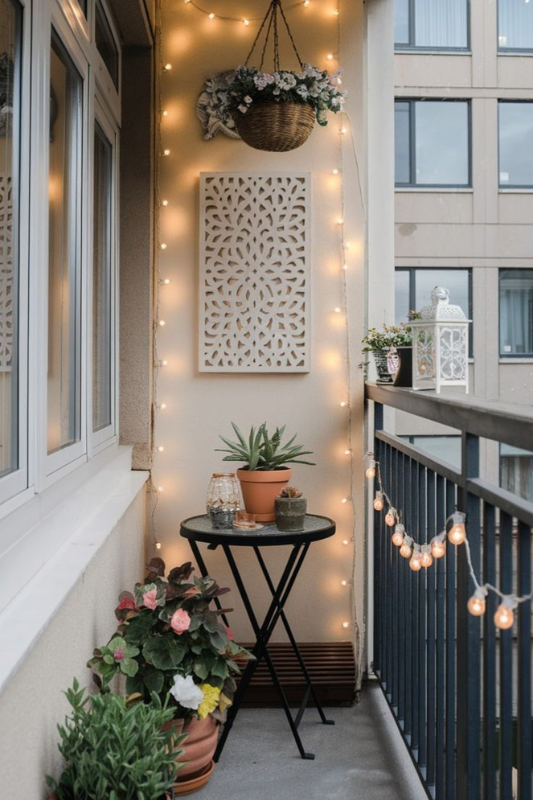 Cozy small balcony decorated with warm string lights, a hanging flower basket, potted plants, a black bistro table with succulents, and a woven rug—ideal for compact outdoor relaxation. 