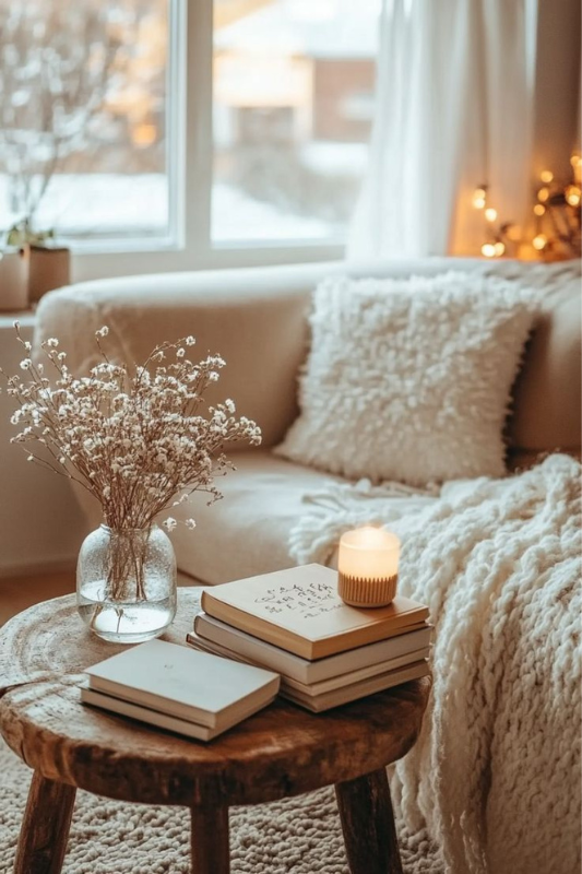 warm and cozy coffee table setup with stacked books, lit candle, glass vase with dried flowers, and chunky knit throw in a soft winter living room

