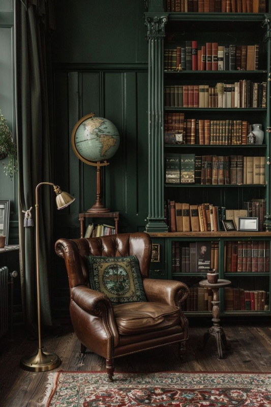 Sophisticated dark green library room with a tufted leather armchair, brass floor lamp, vintage globe, built-in bookshelves filled with books, and ornate wood paneling 
