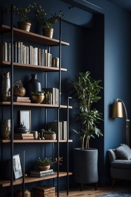 Stylish dark blue living room with a black metal and wood open bookshelf, gold and ceramic decor accents, indoor plants, and a cozy gray armchair with soft ambient lighting 