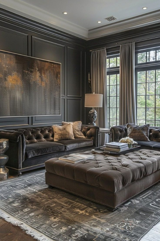 Refined living room featuring deep tufted velvet sofas, a large tufted ottoman as a coffee table, dark paneled walls, gray drapes, layered throw pillows, and a neutral patterned area rug 