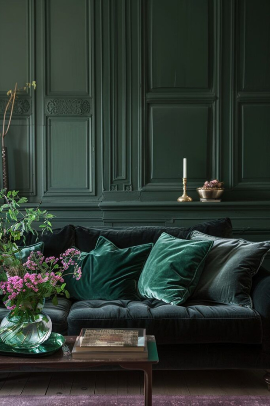 Elegant living room with dark green paneled walls, deep green velvet sofa layered with plush pillows, fresh floral arrangement, and a small coffee table with decorative books 