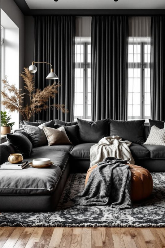 Modern living room with dark grey sectional sofa, layered neutral pillows, leather pouf, cozy throws, tall black curtains, and natural wood floors with a patterned area rug 