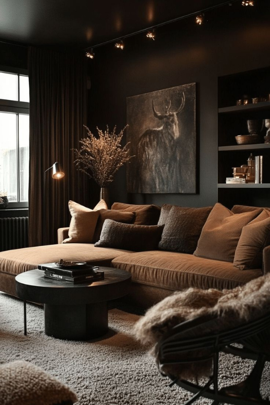 Modern dark living room featuring black walls, a large brown sectional sofa with plush pillows, a round black coffee table with stacked books, moody ambient lighting, and textured decor including wall art and a neutral shag rug for a cozy dramatic vibe. 