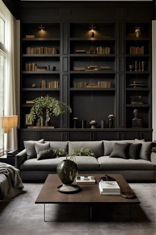 Sophisticated living room with black built-in bookshelves, gray sectional sofa, moody accent lighting, neutral throw pillows, and a dark wood coffee table with minimal styling 