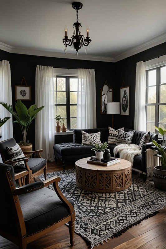 Bold and elegant living room featuring black walls, white flowing curtains, black tufted seating, wood-framed accent chairs, a carved round wood coffee table, and patterned black and white rug, styled with cozy throws and indoor plants for a balanced moody aesthetic. 