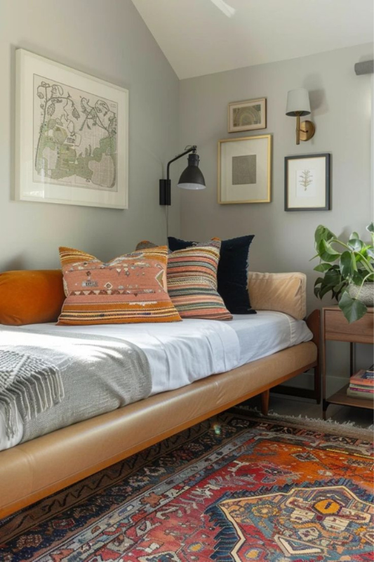 Studio apartment corner with a daybed and colorful pillows, serving as a cozy lounge, guest bed, and office in one multifunctional space








