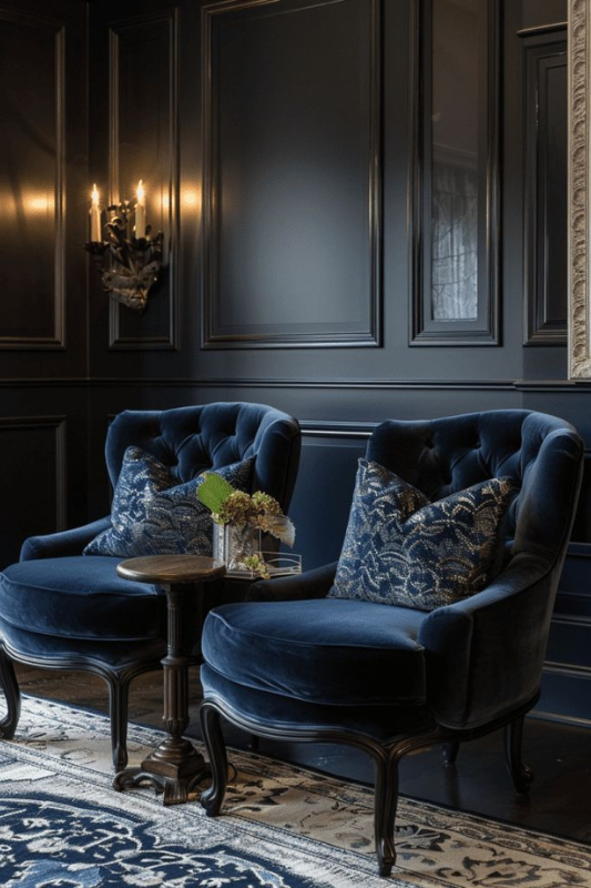 Sophisticated sitting room featuring tufted navy velvet armchairs, dark paneled walls, ornate wall sconces, and a classic patterned rug with a small pedestal side table 