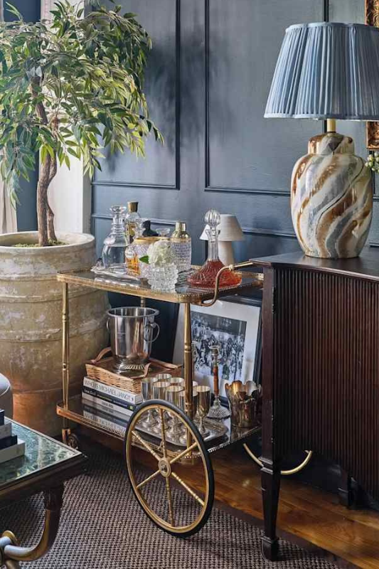 Sophisticated living room vignette featuring a gold bar cart with decanters and books, oversized planter with indoor tree, marbled table lamp with pleated shade, and dark paneled wall background 