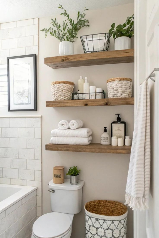 Farmhouse-style bathroom featuring thick rustic wood open shelves on white subway tile walls, styled with stacked white towels, glass jars, small greenery, and decorative accents for an organized and inviting look. 