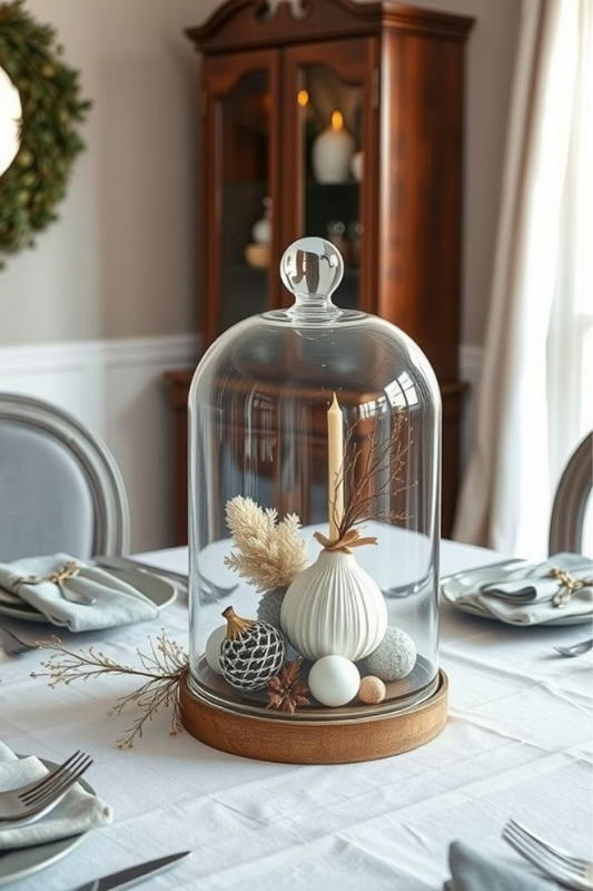Sophisticated dining table centerpiece featuring a glass cloche with a wooden base, showcasing a white textured pumpkin, dried florals, ornaments, and a neutral taper candle, styled on a white tablecloth with soft gray napkins and gold accents. 