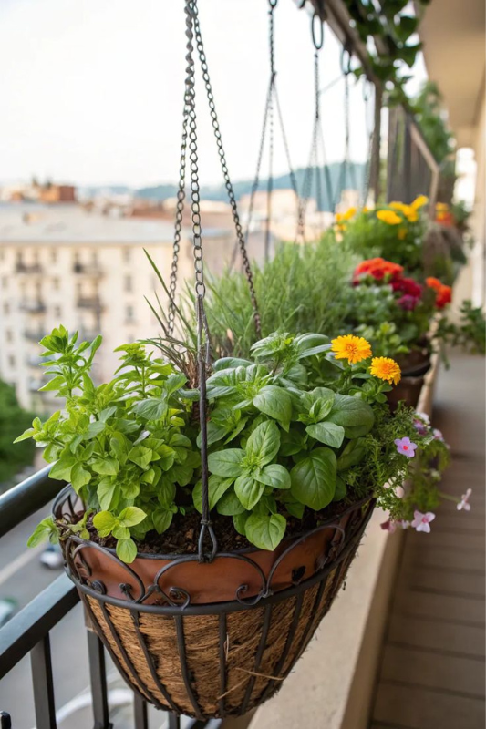 Hanging planter filled with lush herbs like basil and oregano, suspended from a balcony railing with chain supports, offering a functional and aesthetic small-space gardening solution. 