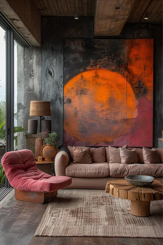 Industrial style dark living room with concrete walls, large abstract orange artwork, muted pink velvet sofa, sculptural wood coffee table, and cozy textured accents 