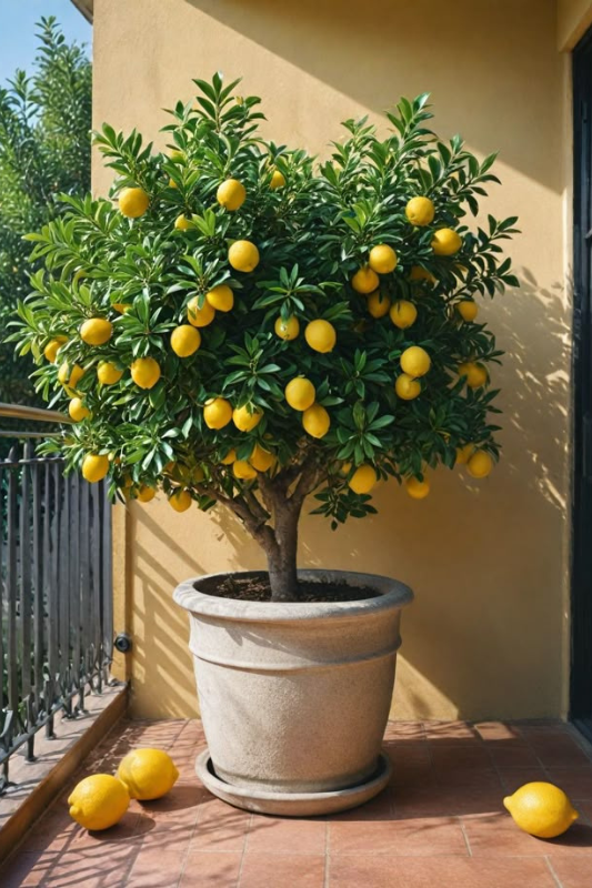 Single lemon tree in a large beige ceramic pot placed in a sunlit balcony corner, surrounded by fallen lemons, with yellow walls and wrought-iron railing for a warm, rustic vibe. 