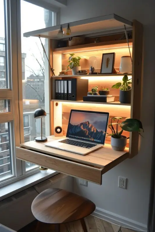 Loft bed with built-in desk and stairs for storage in a compact studio apartment layout maximizing vertical space









