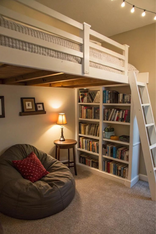 Cozy loft bed setup with a reading nook underneath featuring a bean bag chair, bookshelf, and warm lighting for studio apartment small space optimization in 2025.
