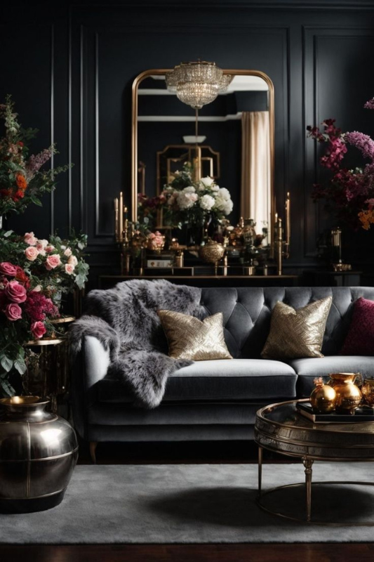 Glamorous dark living room with a tufted velvet sofa, gold metallic pillows, ornate gold-framed mirror, chandelier lighting, rich floral arrangements, and a round gold coffee table on a gray rug 