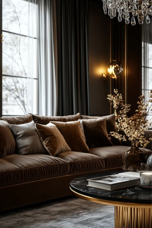 Elegant dark living room with velvet sofa, crystal chandelier, gold wall sconces, and a black marble coffee table styled with books and dried floral arrangement 