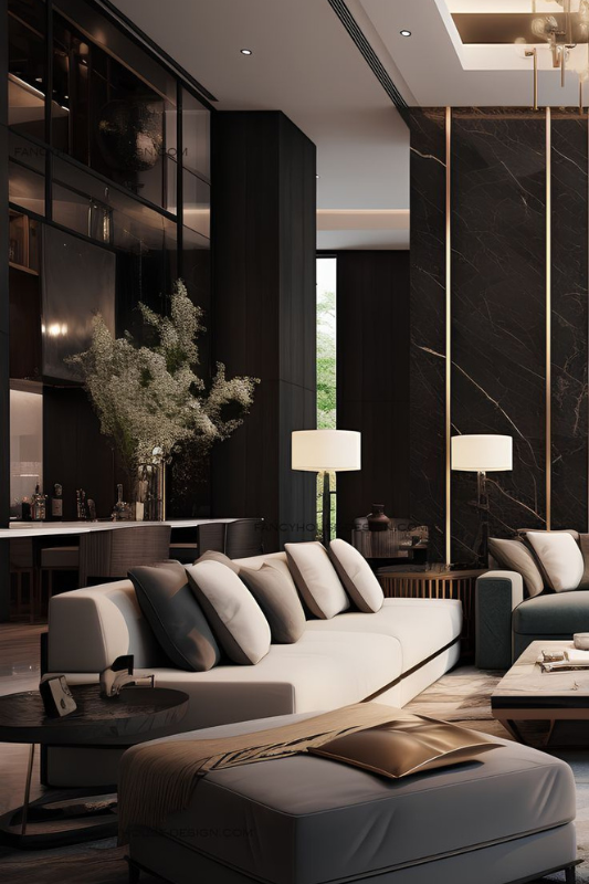 Sophisticated luxury living room featuring white sectional seating, marble flooring, tall black and gold accent wall, sculptural lighting, and modern decor with soft neutral tones 