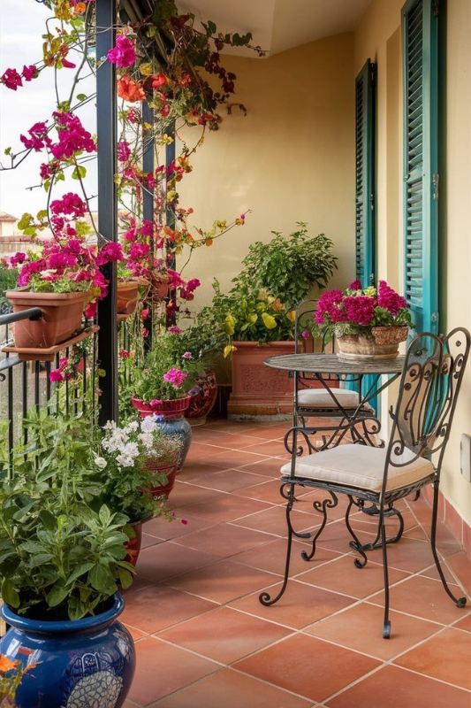 Elegant tiled balcony featuring pink bougainvillea climbing up iron railings, ornate ceramic pots with flowering plants, and a wrought iron bistro set for a relaxed Mediterranean vibe. 