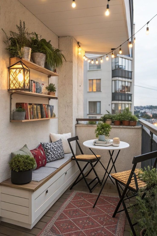 Modern apartment balcony featuring a white storage bench with throw pillows, wall-mounted bookshelves with plants and lantern lighting, string lights overhead, and a round bistro table with two chairs. 