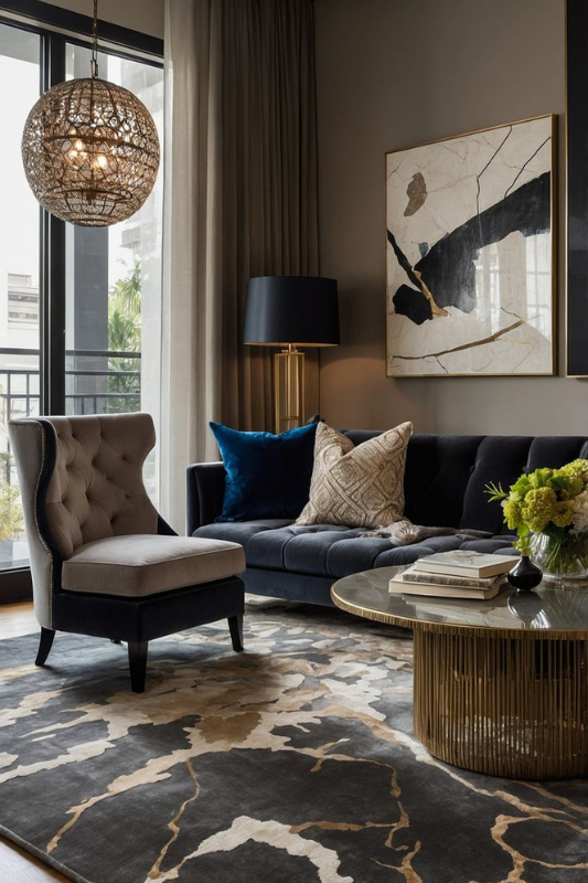 Chic modern living room with a navy velvet tufted sofa, abstract wall art, round glass coffee table with gold base, neutral accent chair, patterned area rug, and statement pendant lighting 